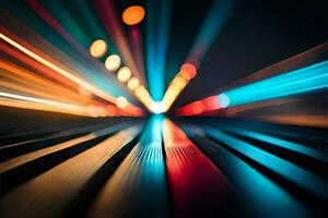 a blurry image of light trails on a train track. AI-Generated photo