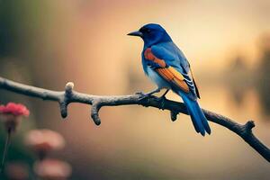 a blue and orange bird sits on a branch. AI-Generated photo