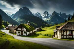 photo wallpaper the sky, mountains, road, house, road, house, road, house,. AI-Generated