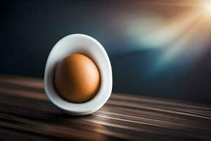 an egg in a white bowl on a table. AI-Generated photo