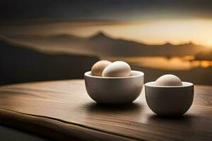 eggs in a bowl on a table with mountains in the background. AI-Generated photo
