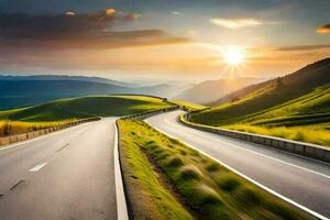 the sun is setting over a winding road in the mountains. AI-Generated photo
