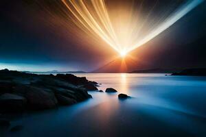 a long exposure photograph of a bright light shining over the ocean. AI-Generated photo