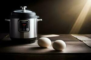 an instant pot and two eggs on a table. AI-Generated photo