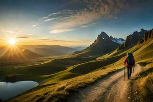 un hombre camina en un camino en el montañas. generado por ai foto