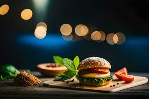 a hamburger with tomato, lettuce and cheese on a wooden cutting board. AI-Generated photo