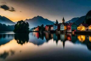 un pueblo es reflejado en el agua a puesta de sol. generado por ai foto