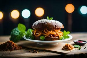 a burger with spaghetti on a plate. AI-Generated photo