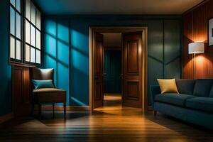 a room with blue walls and wooden floors. AI-Generated photo