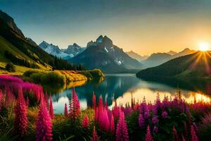 the sun rises over the mountains and the flowers bloom in the foreground. AI-Generated photo