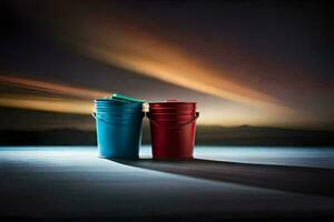 two buckets sit on a table with a sunset in the background. AI-Generated photo