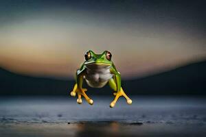 a frog jumping in the air with its legs spread. AI-Generated photo