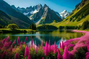 hermosa paisaje con púrpura flores y montañas. generado por ai foto