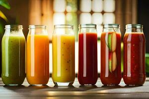 un fila de diferente de colores jugos en vaso botellas generado por ai foto