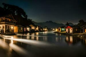 un río a noche con casas y luces. generado por ai foto