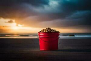 a bucket of peanuts on the beach. AI-Generated photo
