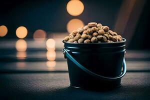 a bucket filled with nuts on a table. AI-Generated photo