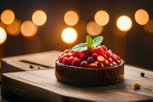 a dessert on a wooden board with lights in the background. AI-Generated photo