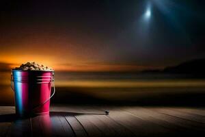 a bucket of popcorn on a wooden floor. AI-Generated photo