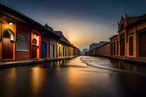 a canal in the middle of a city with colorful buildings. AI-Generated photo