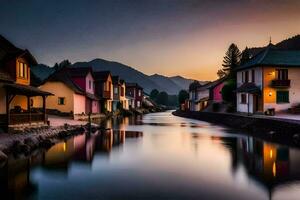 photo wallpaper the sky, water, mountains, houses, the village, the river, the village. AI-Generated