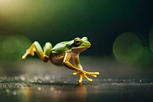 a frog jumping on the ground. AI-Generated photo