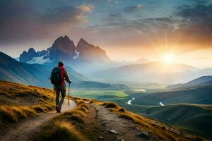 un hombre con mochila caminando en un sendero en el montañas. generado por ai foto