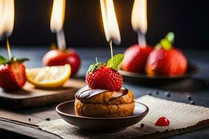 a dessert with strawberries and chocolate on a wooden table. AI-Generated photo