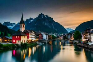 the beautiful town of switzerland at dusk. AI-Generated photo