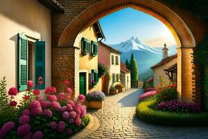 photo wallpaper the sky, flowers, mountains, flowers, the village, the village, the village. AI-Generated