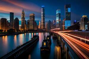 el ciudad horizonte a noche con luces en el edificios generado por ai foto