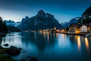 el montañas y lago a oscuridad en el Alpes. generado por ai foto