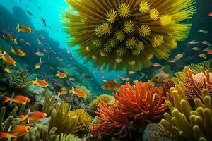 a colorful coral reef with many different types of fish. AI-Generated photo