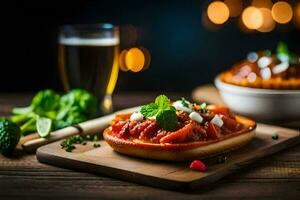 comida en un de madera tablero con cerveza y vegetales. generado por ai foto