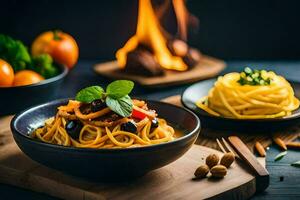 spaghetti with olives, mushrooms and nuts on a wooden table. AI-Generated photo