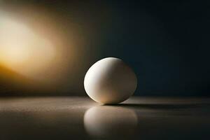 un huevo sentado en un mesa en frente de un brillante ligero. generado por ai foto