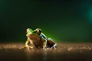 a frog sitting on a wooden floor with a green background. AI-Generated photo