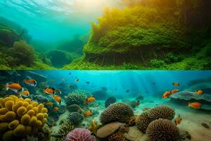 two pictures of coral reefs and fish. AI-Generated photo