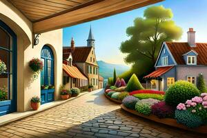 a painting of a street with flowers and houses. AI-Generated photo