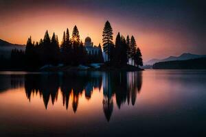 a lake with trees and a castle at sunset. AI-Generated photo