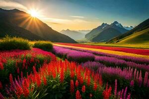 the sun shines over a field of colorful flowers. AI-Generated photo