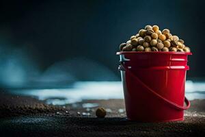 a bucket filled with peanuts on a dark background. AI-Generated photo