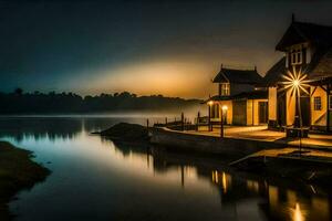 a house on the lake at night. AI-Generated photo