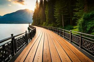 a wooden bridge over a lake with mountains in the background. AI-Generated photo