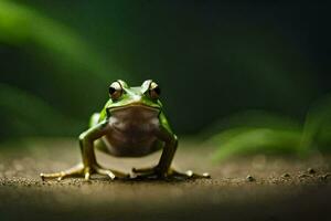 a frog is standing on the ground with its eyes closed. AI-Generated photo
