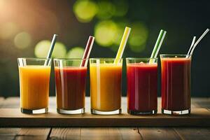 five glasses of juice with straws on a wooden table. AI-Generated photo