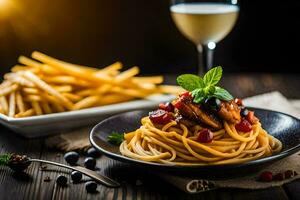 spaghetti with meat and vegetables on a plate. AI-Generated photo