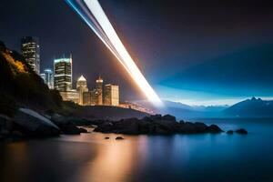 un largo exposición foto de un ciudad horizonte a noche. generado por ai
