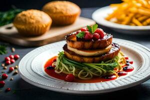 a plate with a stack of food on it. AI-Generated photo