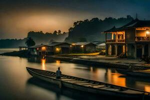 un barco se sienta en el agua a noche. generado por ai foto